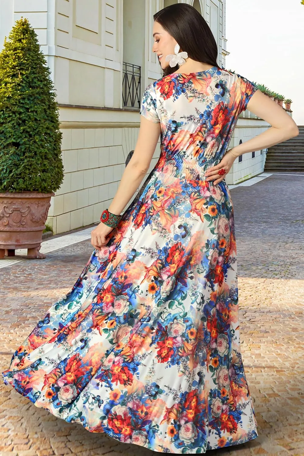 KOH KOH Womens Short Cap Sleeves Abstract Flower Print Long Maxi Dress Gown