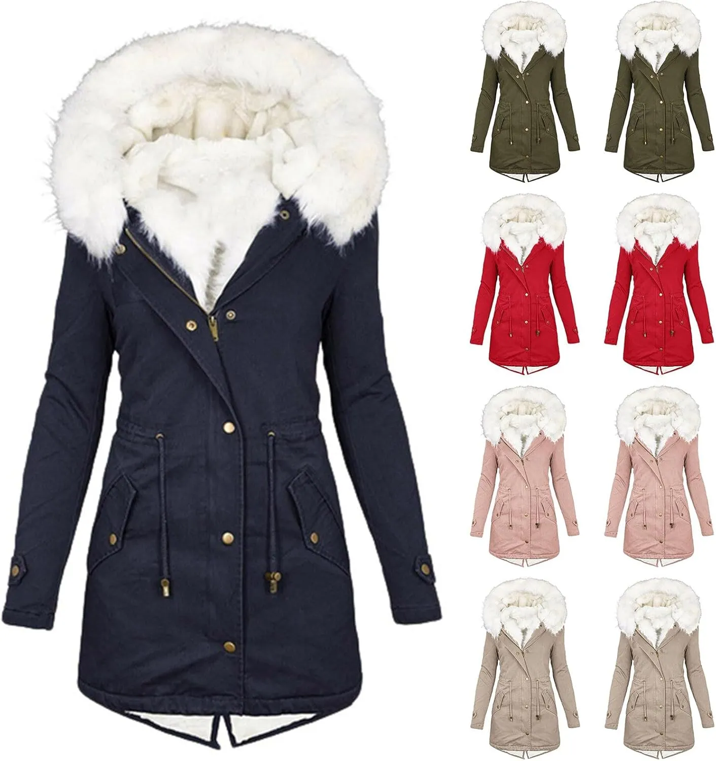 maisdgop Womens Winter Coats Mid Length Sherpa Lined Warm Heavy Jackets Thickened Windproof Outerwear With Fur Hood