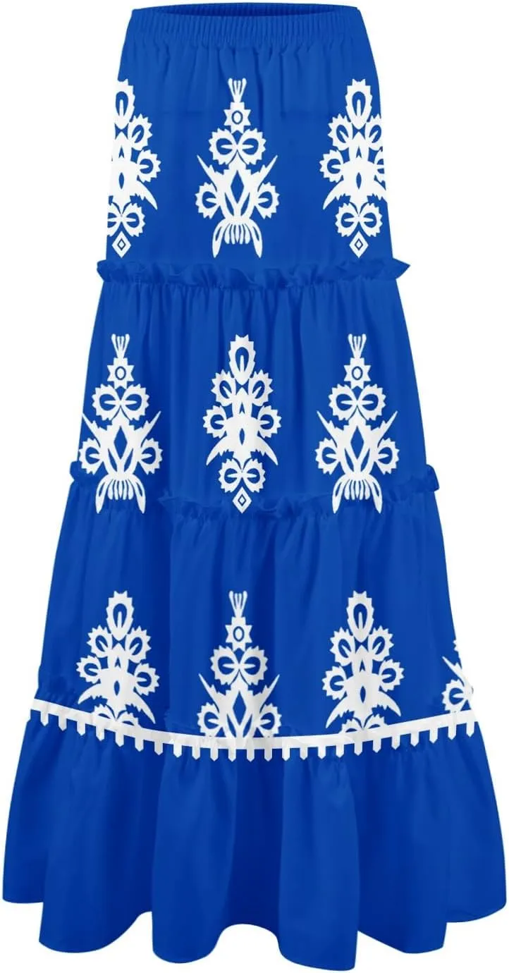 Maxi Tiered Skirts for Women 2025 Boho Floral High Elastic Waist Long Flowy Skirt A-Line Ruffle Hem Beach Cover Ups