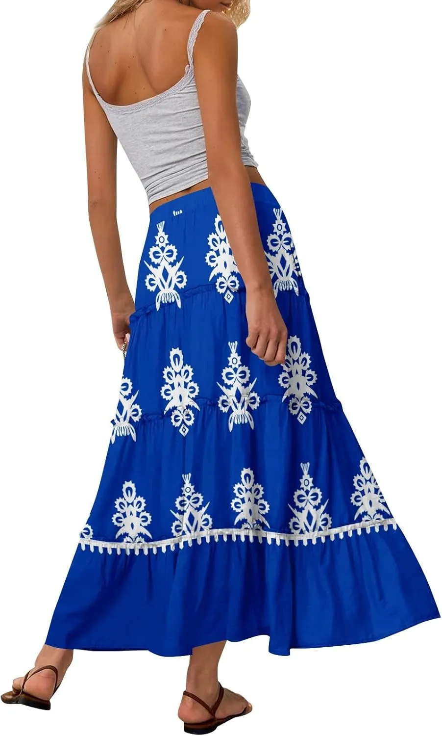 Maxi Tiered Skirts for Women 2025 Boho Floral High Elastic Waist Long Flowy Skirt A-Line Ruffle Hem Beach Cover Ups