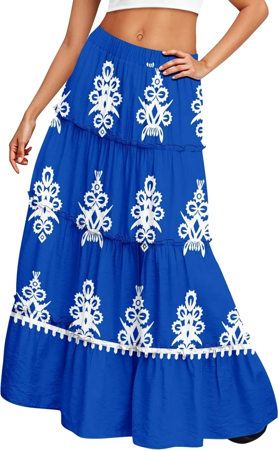 Maxi Tiered Skirts for Women 2025 Boho Floral High Elastic Waist Long Flowy Skirt A-Line Ruffle Hem Beach Cover Ups