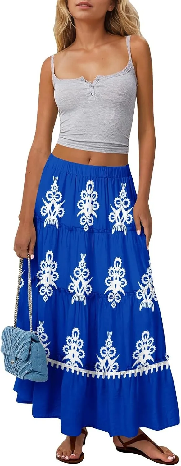 Maxi Tiered Skirts for Women 2025 Boho Floral High Elastic Waist Long Flowy Skirt A-Line Ruffle Hem Beach Cover Ups