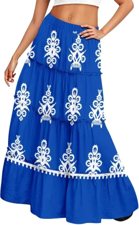 Maxi Tiered Skirts for Women 2025 Boho Floral High Elastic Waist Long Flowy Skirt A-Line Ruffle Hem Beach Cover Ups
