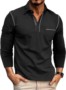 Men's Long Sleeve Polo Shirts, Casual Business Cotton Blend Thermal Button Down Golf Shirt with Pocket
