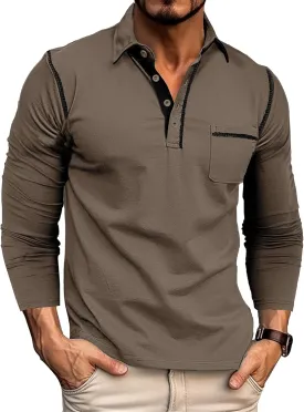 Men's Long Sleeve Polo Shirts, Casual Business Cotton Blend Thermal Button Down Golf Shirt with Pocket