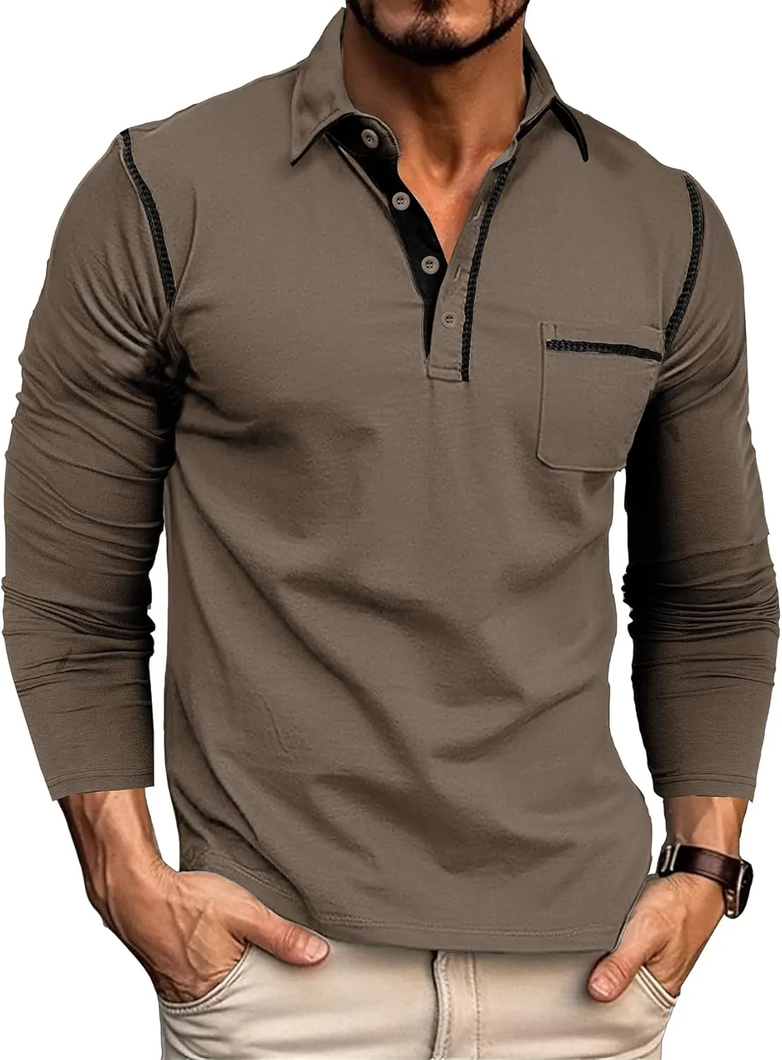 Men's Long Sleeve Polo Shirts, Casual Business Cotton Blend Thermal Button Down Golf Shirt with Pocket