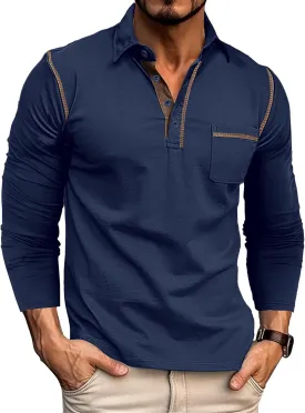 Men's Long Sleeve Polo Shirts, Casual Business Cotton Blend Thermal Button Down Golf Shirt with Pocket