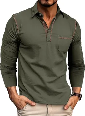 Men's Long Sleeve Polo Shirts, Casual Business Cotton Blend Thermal Button Down Golf Shirt with Pocket