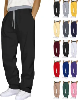 Mens Sweatpants Drawstring Waist Straight Wide Leg Baggy Pants Workout Athletic Sweatpants with Pocket