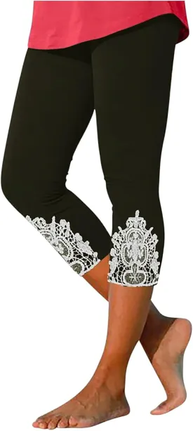 New Leggings for Women Lace Capri Slim Fit Yoga Pants Soft Lace Hem Stretch Crop Tights Comfy Workout Running Pant