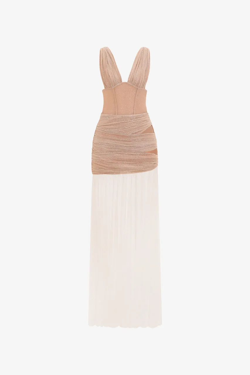 Nude Beige Glitter Mesh Cut-Out Silk Evening Gown