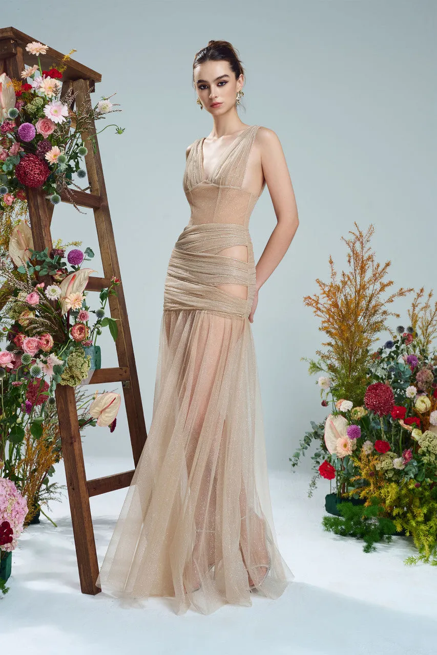 Nude Beige Glitter Mesh Cut-Out Silk Evening Gown