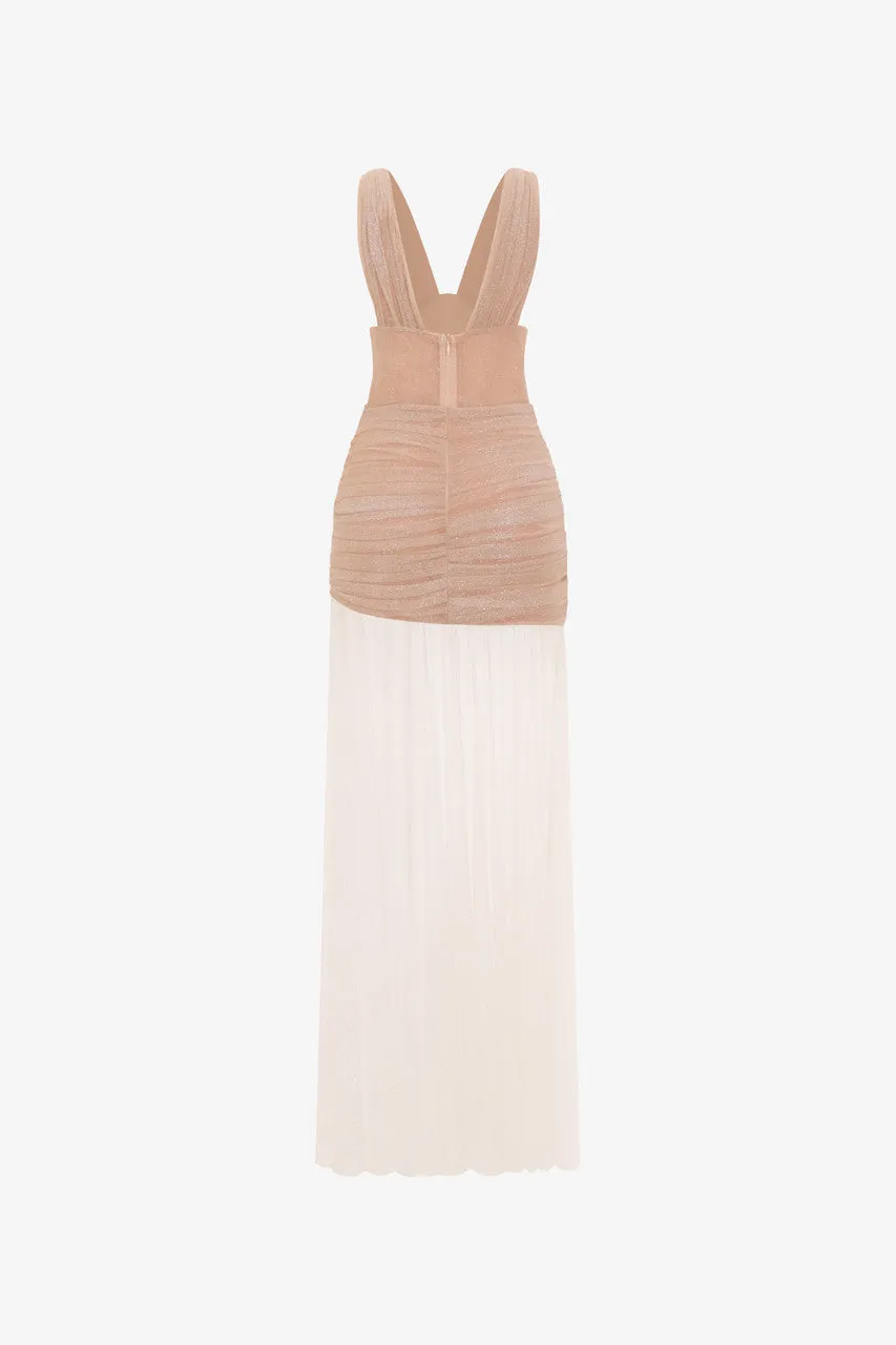 Nude Beige Glitter Mesh Cut-Out Silk Evening Gown