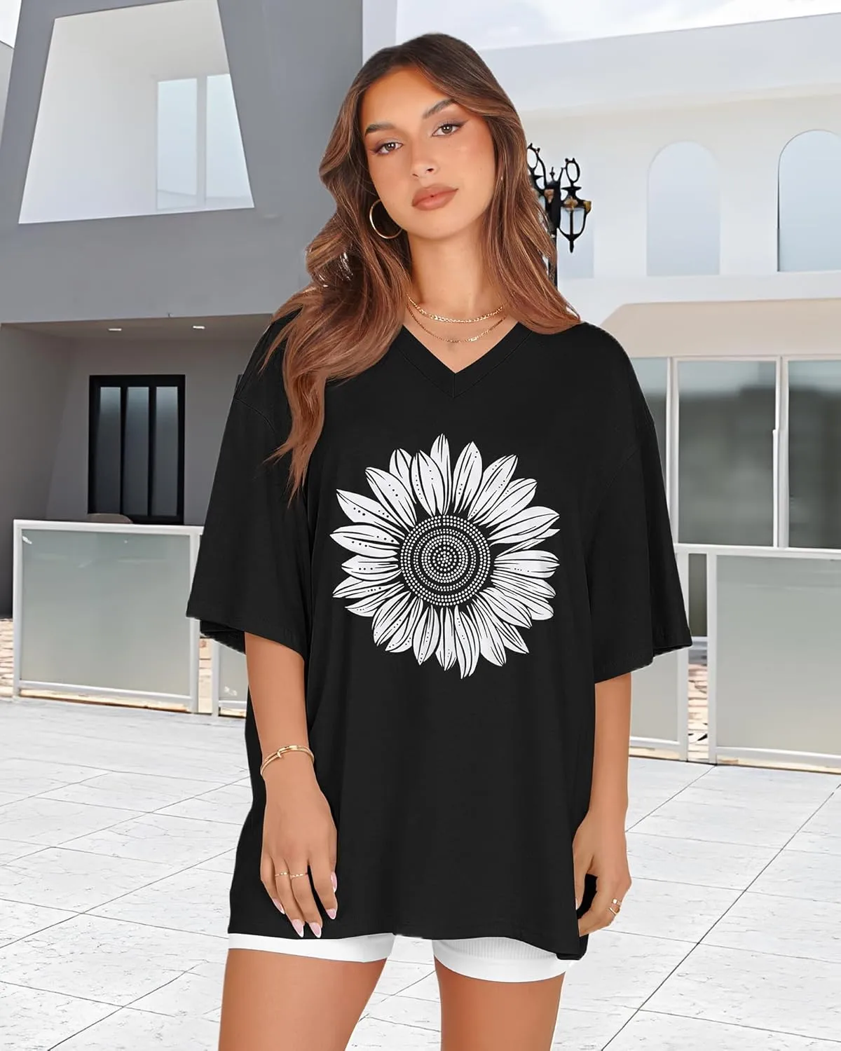 Oversized Tshirts for Women V Neck Short Sleeve Summer Casual Basic Loose Tops