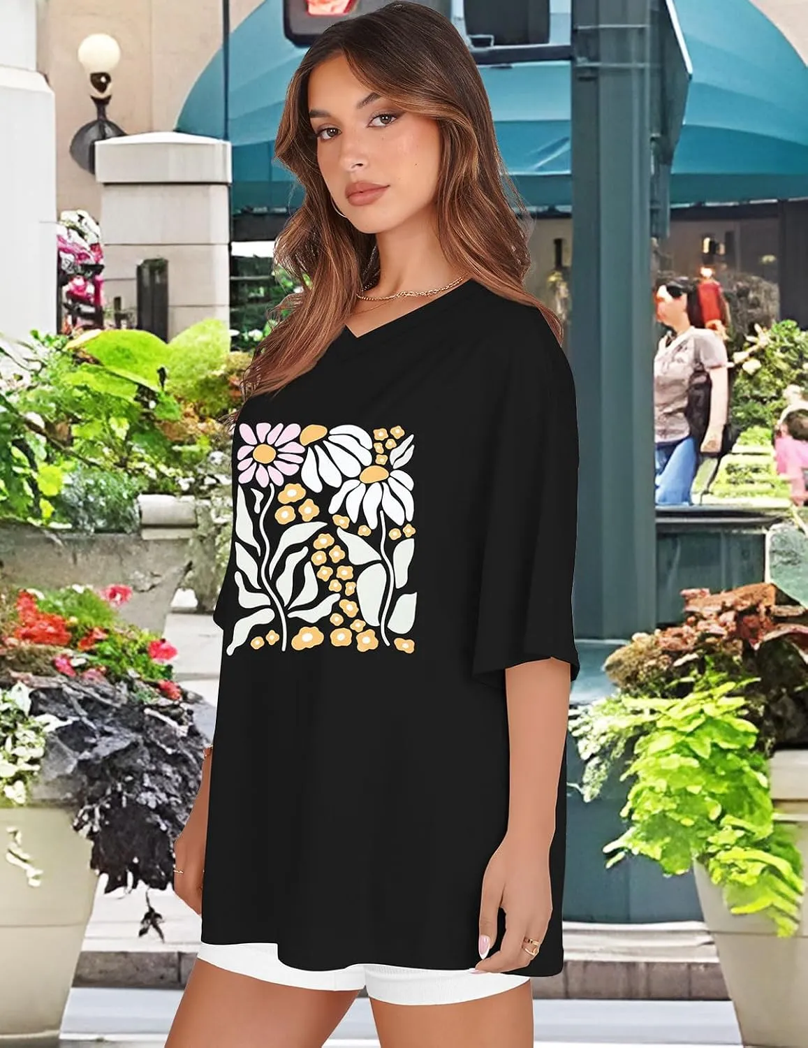 Oversized Tshirts for Women V Neck Short Sleeve Summer Casual Basic Loose Tops