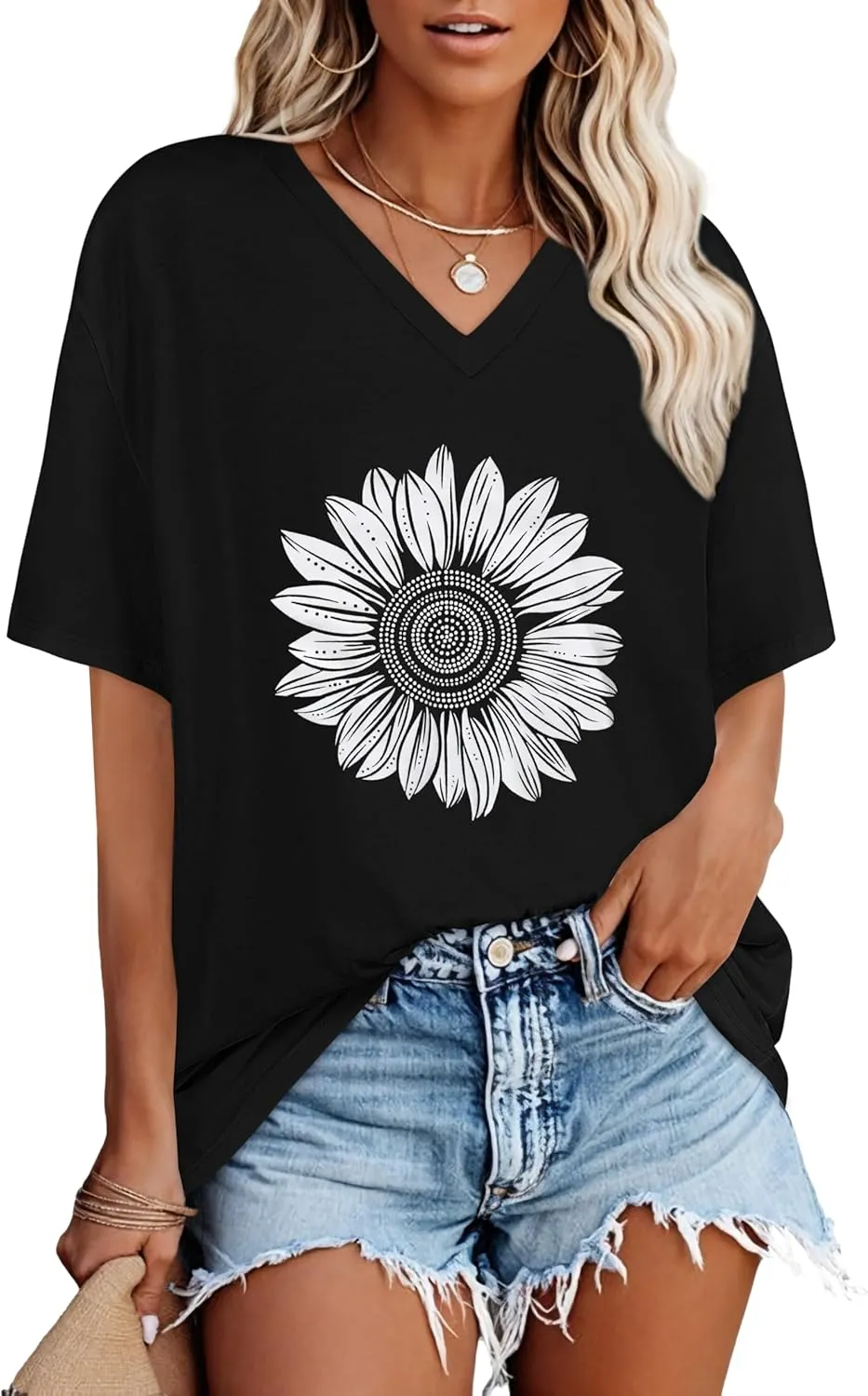 Oversized Tshirts for Women V Neck Short Sleeve Summer Casual Basic Loose Tops