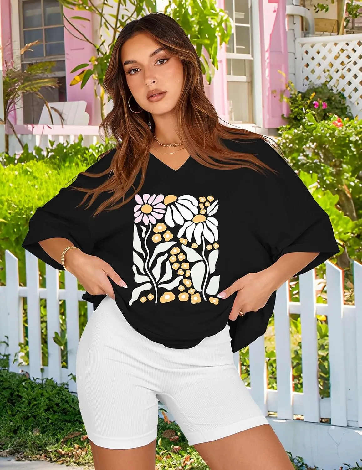 Oversized Tshirts for Women V Neck Short Sleeve Summer Casual Basic Loose Tops