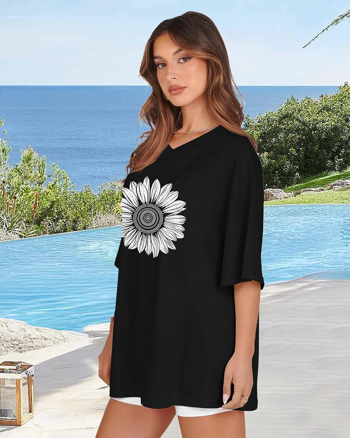 Oversized Tshirts for Women V Neck Short Sleeve Summer Casual Basic Loose Tops