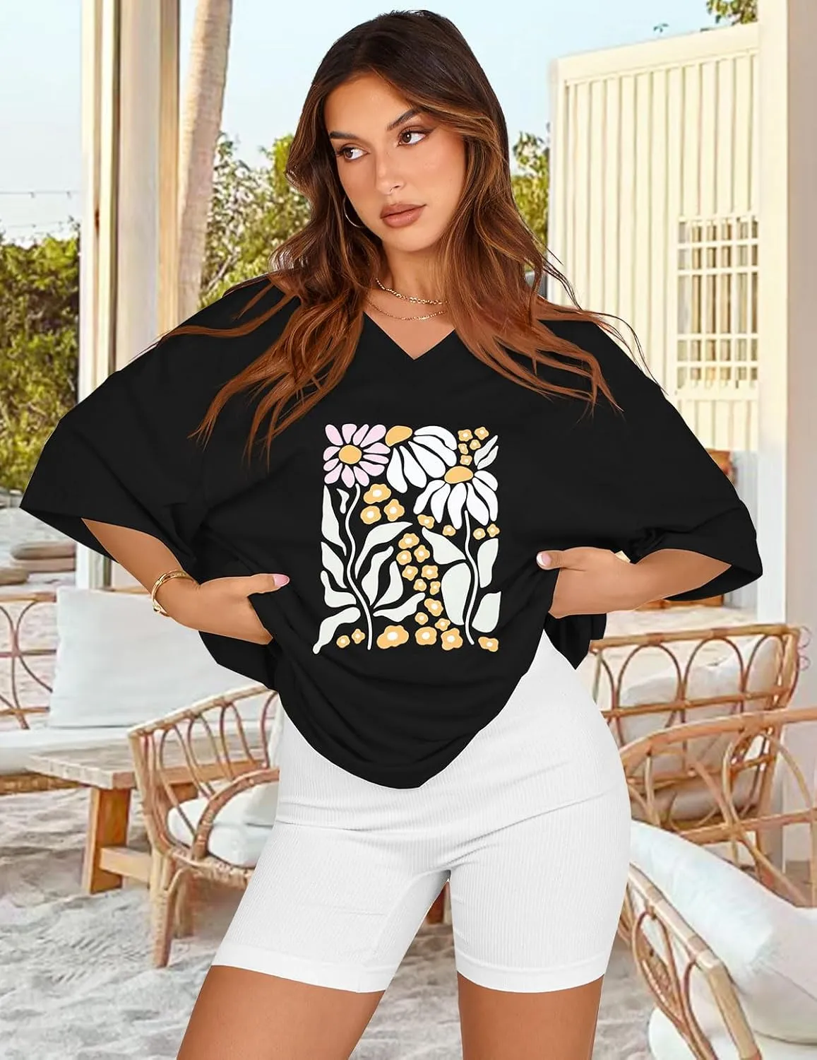 Oversized Tshirts for Women V Neck Short Sleeve Summer Casual Basic Loose Tops