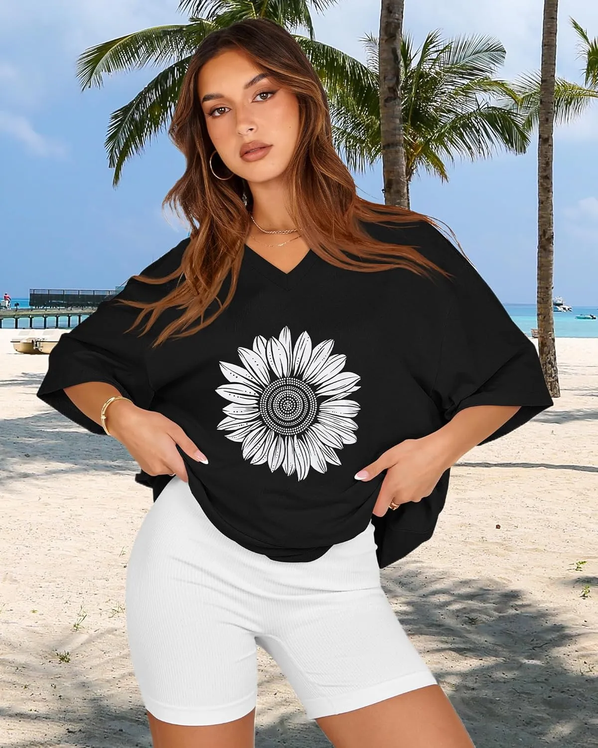 Oversized Tshirts for Women V Neck Short Sleeve Summer Casual Basic Loose Tops
