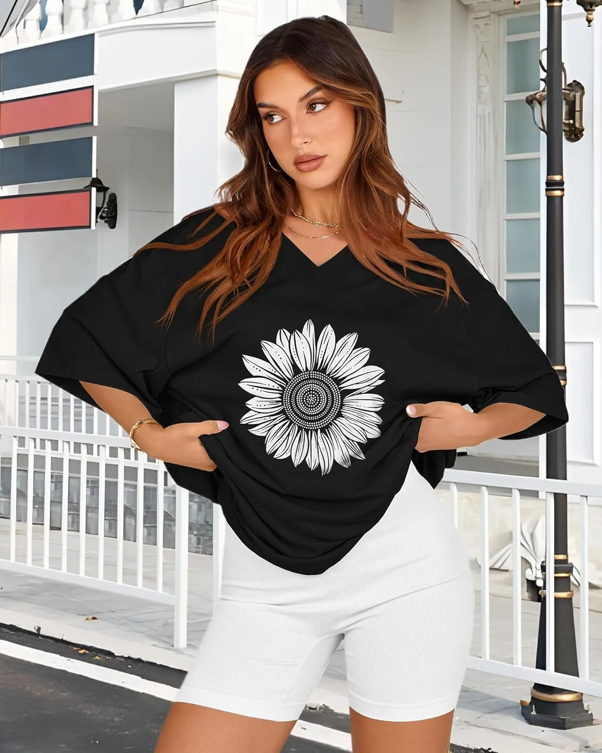 Oversized Tshirts for Women V Neck Short Sleeve Summer Casual Basic Loose Tops