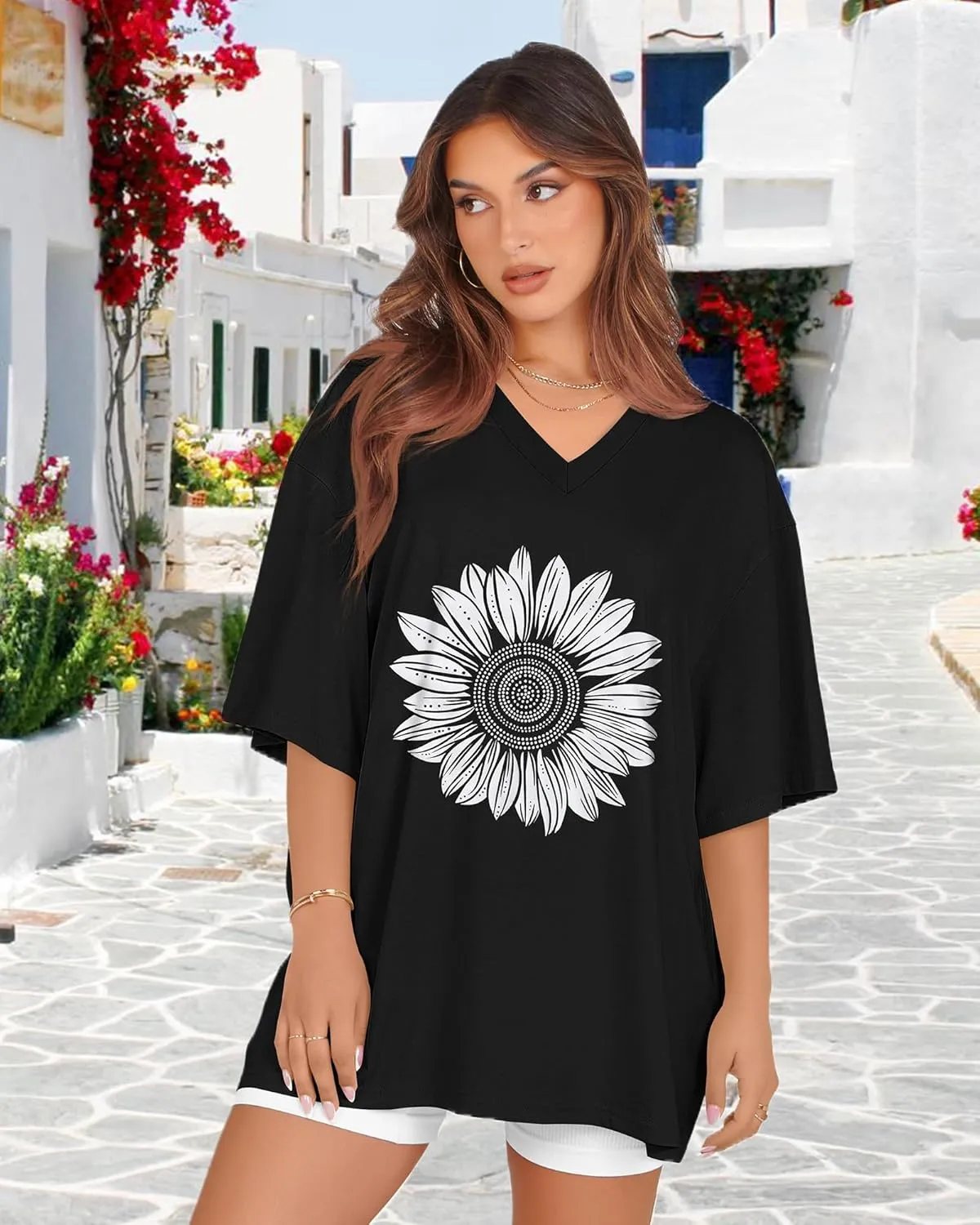 Oversized Tshirts for Women V Neck Short Sleeve Summer Casual Basic Loose Tops
