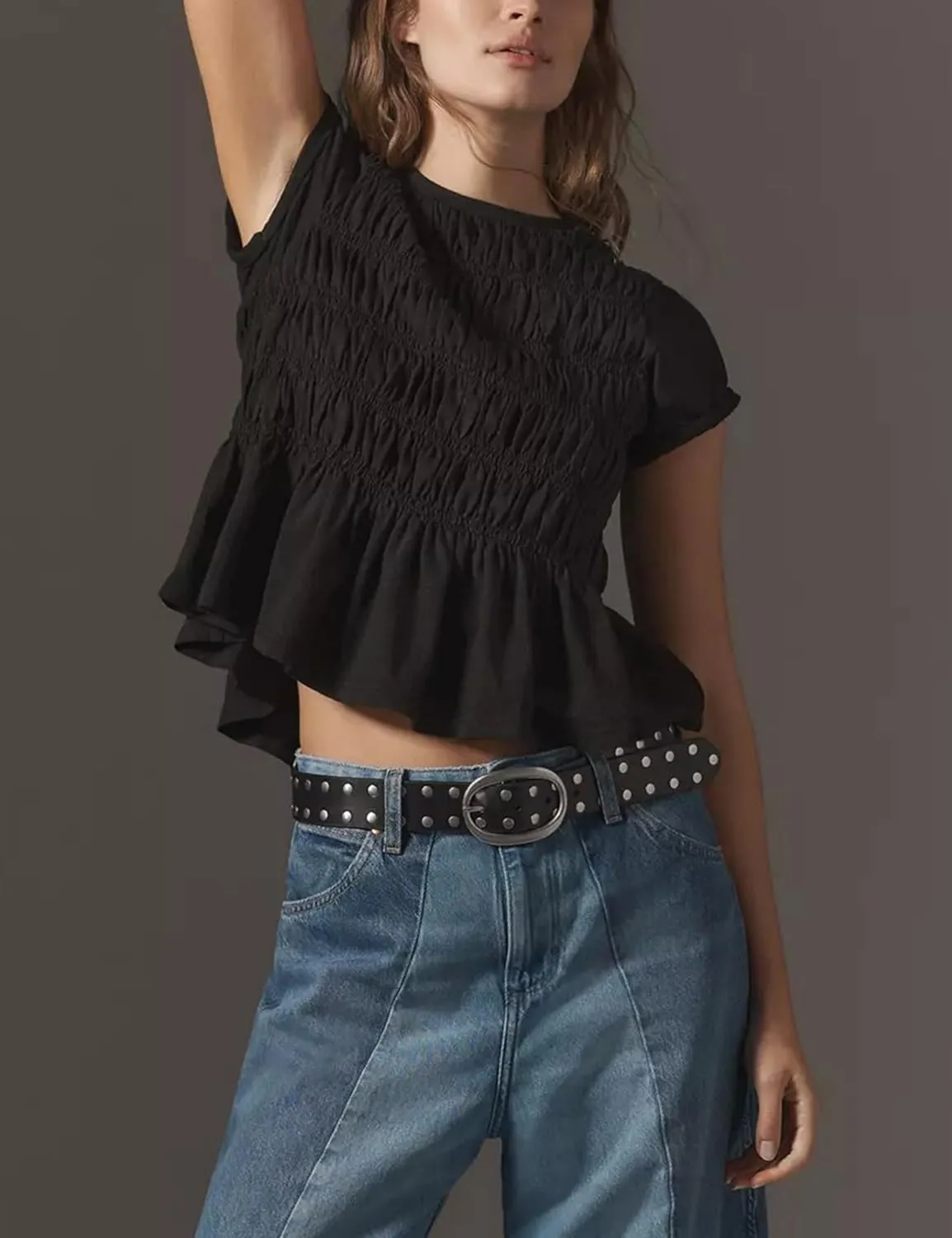 Peplum Babydoll Tops for Women Summer Going Out Top Casual Crew Neck Flowy Loose Fit Tunic Shirts Cute Blouses