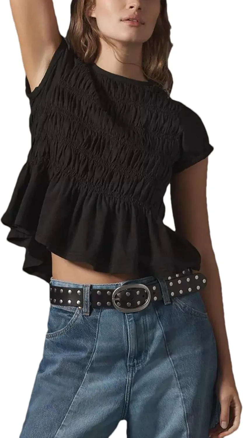 Peplum Babydoll Tops for Women Summer Going Out Top Casual Crew Neck Flowy Loose Fit Tunic Shirts Cute Blouses