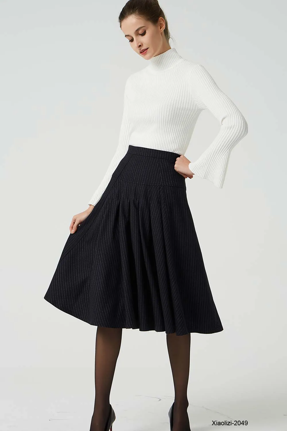 pleated striped wool skirt, knee length skirt 2049