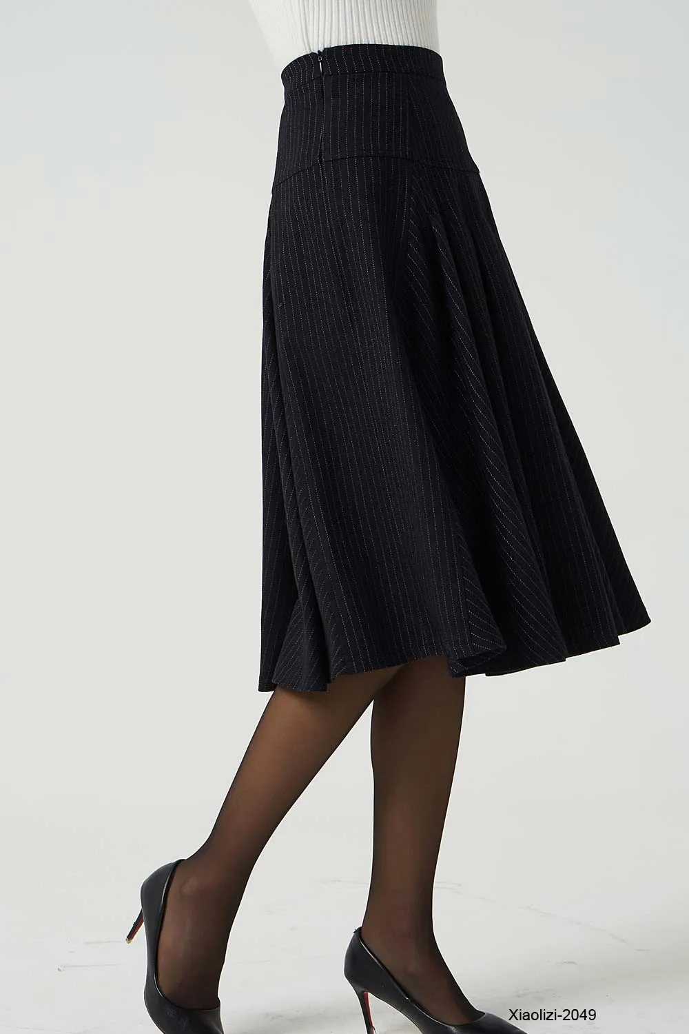 pleated striped wool skirt, knee length skirt 2049