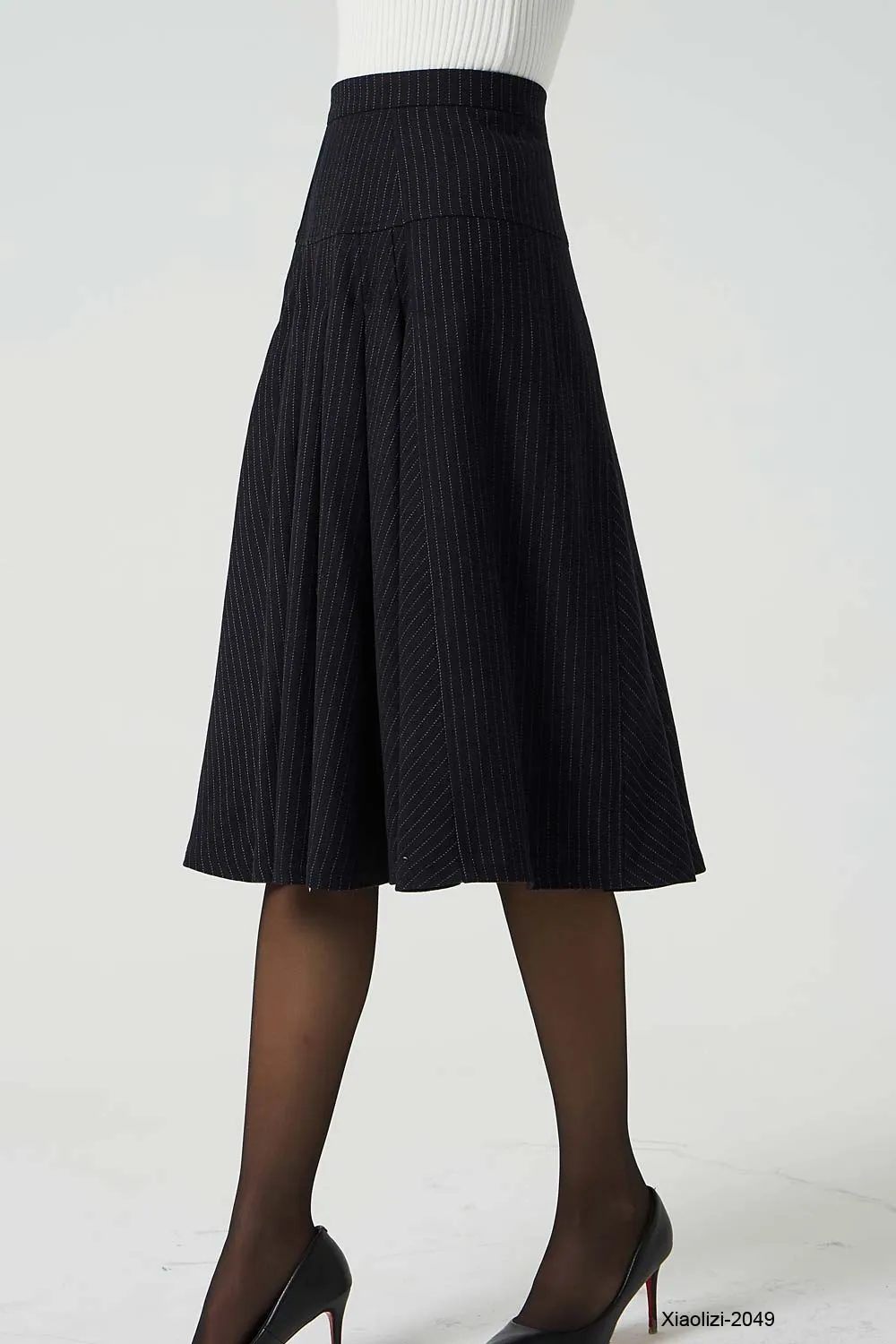 pleated striped wool skirt, knee length skirt 2049