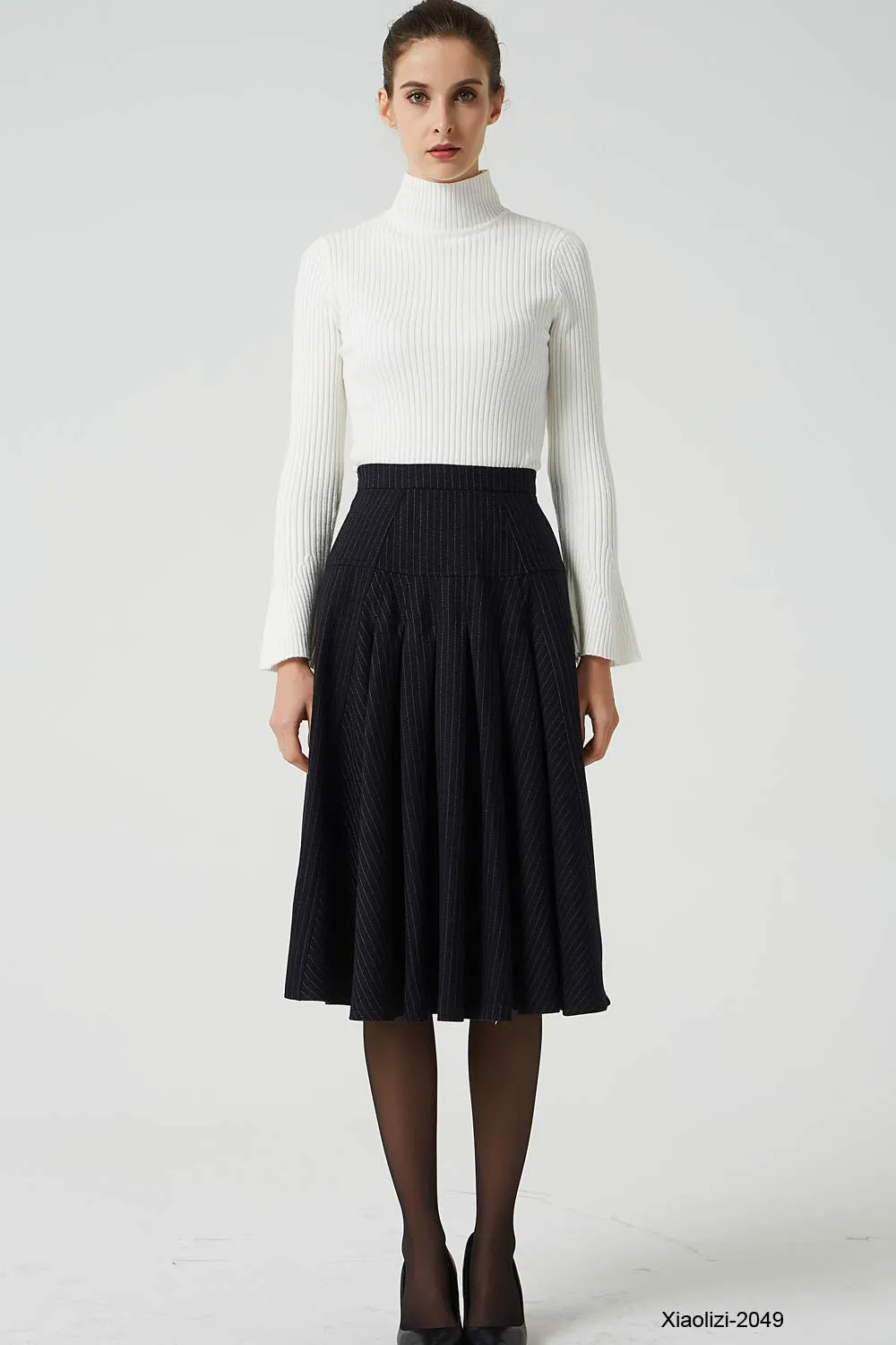 pleated striped wool skirt, knee length skirt 2049