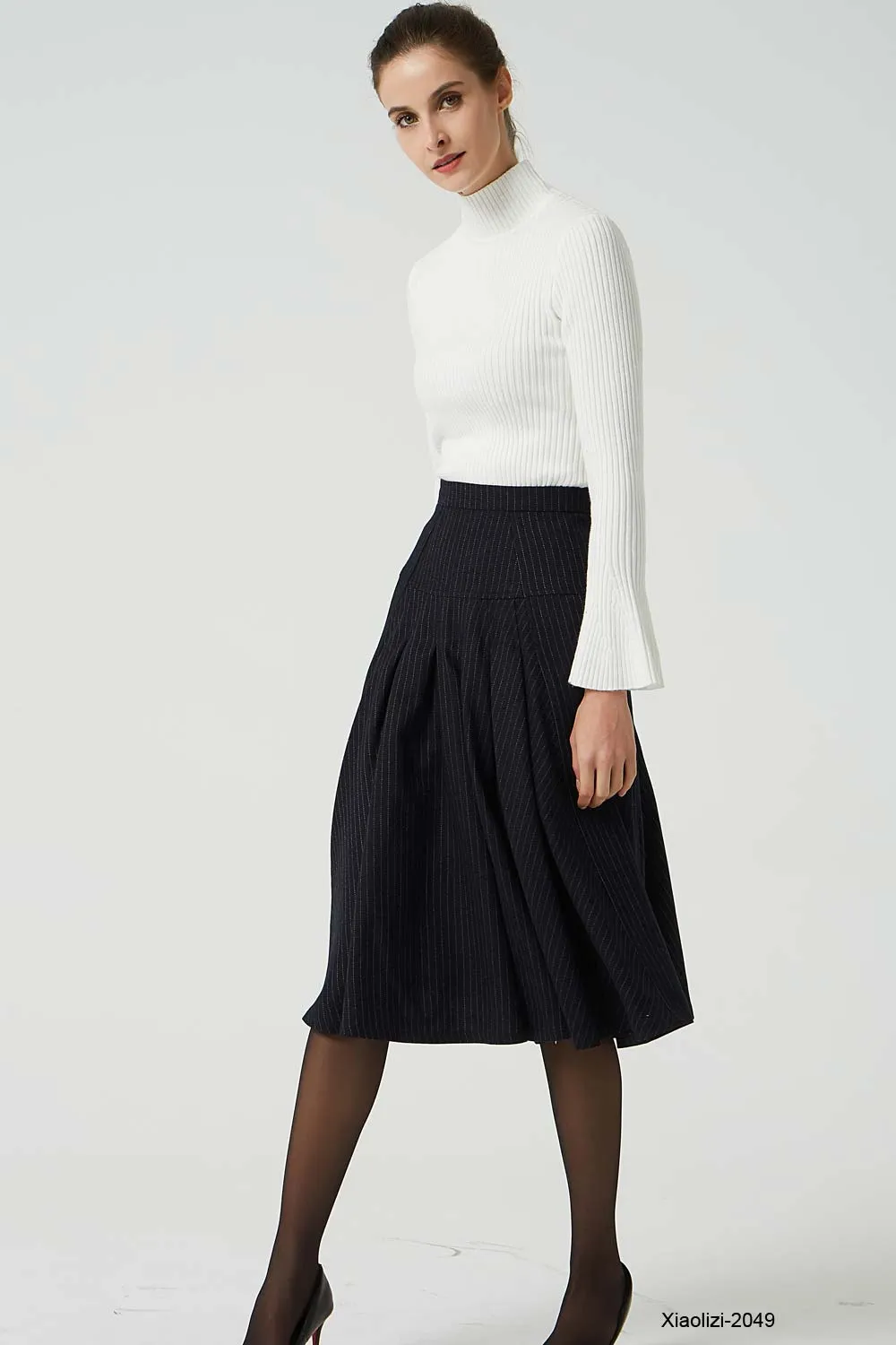 pleated striped wool skirt, knee length skirt 2049