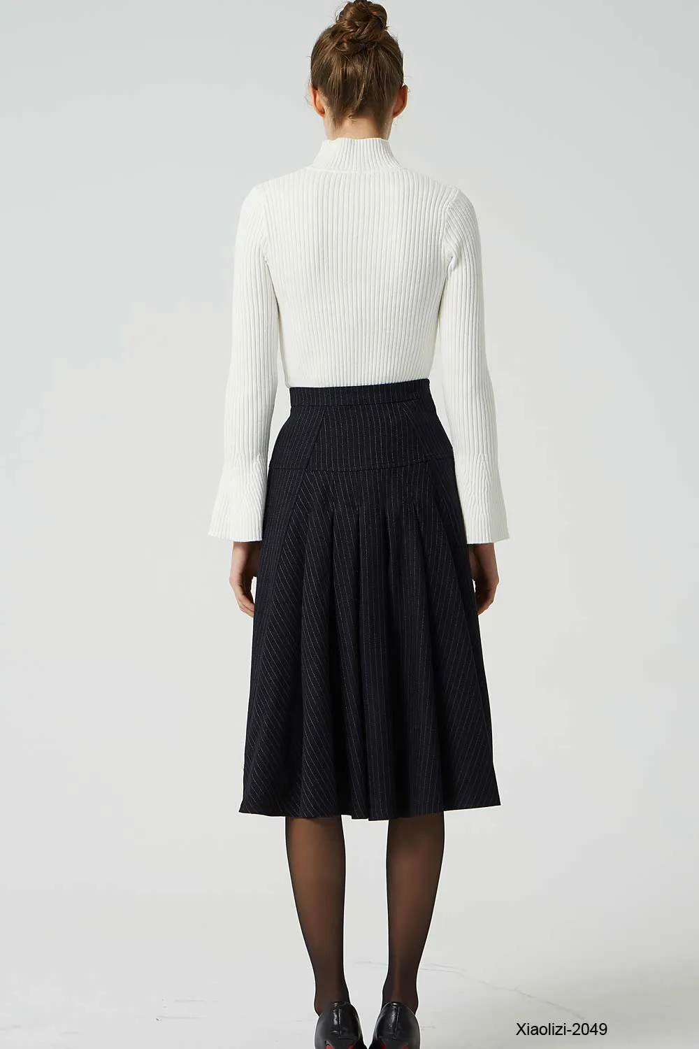 pleated striped wool skirt, knee length skirt 2049