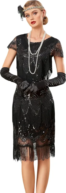 PrettyGuide Womens Flapper Dress with Sleeves Art Deco Sequin Beaded Fringe 1920s Vintage Great Gatsby Party Dress