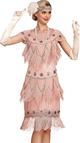 PrettyGuide Womens Flapper Dress with Sleeves Art Deco Sequin Beaded Fringe 1920s Vintage Great Gatsby Party Dress