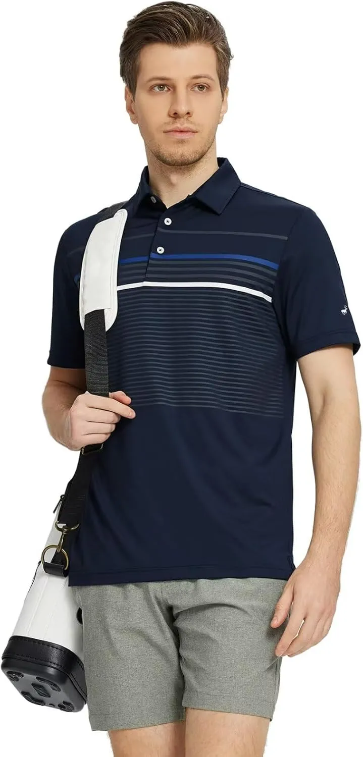 Rouen Mens Polo Shirts Short Sleeve Dry Fit Lightweight Performance Casual Athletic Striped Print Golf Shirts for Men