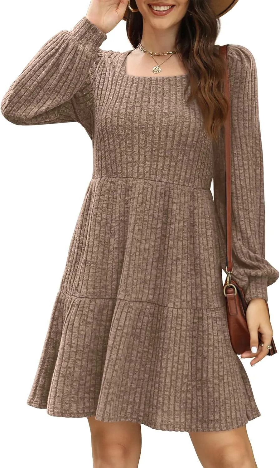 SAMPEEL Womens Square Neck Long Sleeve Fall Dresses Casual Babydoll Sweater Dress