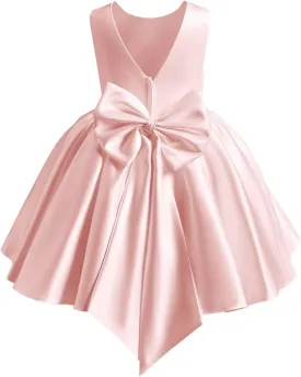 Satin Flower Girl Dress Knee Length Short First Communion Dresses for Girls Kids Bow-Knot Princess Birthday Gowns