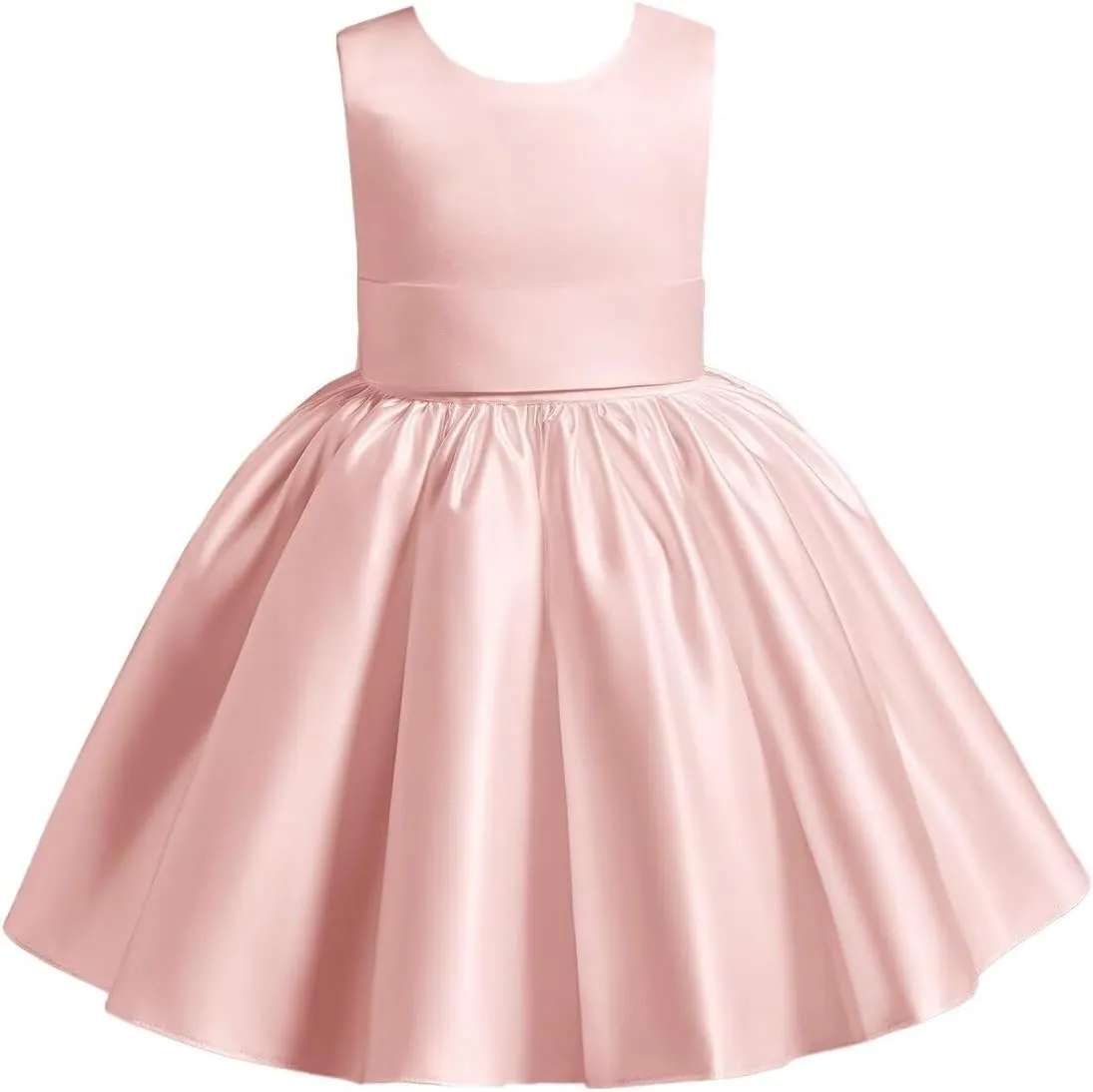 Satin Flower Girl Dress Knee Length Short First Communion Dresses for Girls Kids Bow-Knot Princess Birthday Gowns