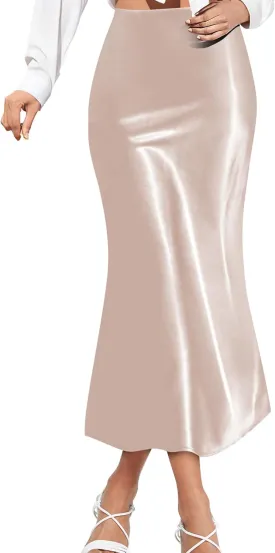 Satin Skirts for Women Trendy, High Waisted Womens Skirts Midi Long Length, Elegant Zipper Flared Elastic A-line Silk Skirts (Light Pink, Small)
