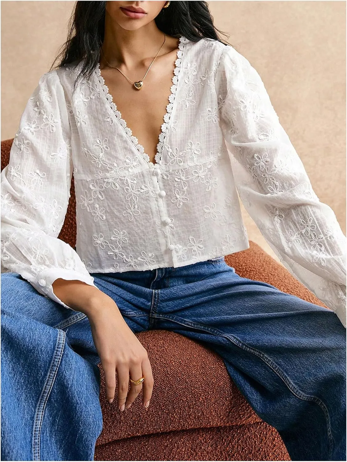 SHENHE Women's Floral Embroidered Long Sleeve Button Crop Blouse Sheer Dressy Top Shirt