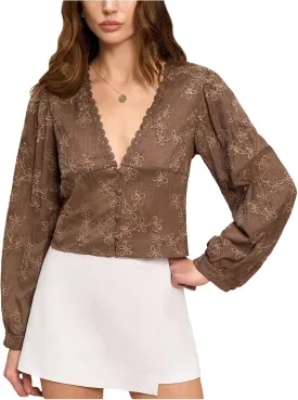 SHENHE Women's Floral Embroidered Long Sleeve Button Crop Blouse Sheer Dressy Top Shirt