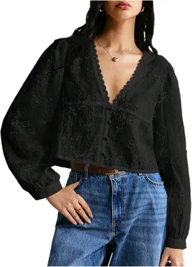 SHENHE Women's Floral Embroidered Long Sleeve Button Crop Blouse Sheer Dressy Top Shirt