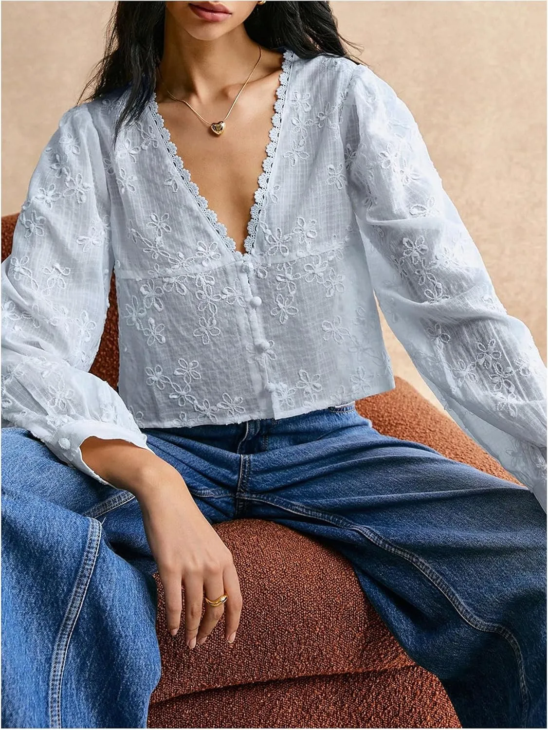 SHENHE Women's Floral Embroidered Long Sleeve Button Crop Blouse Sheer Dressy Top Shirt