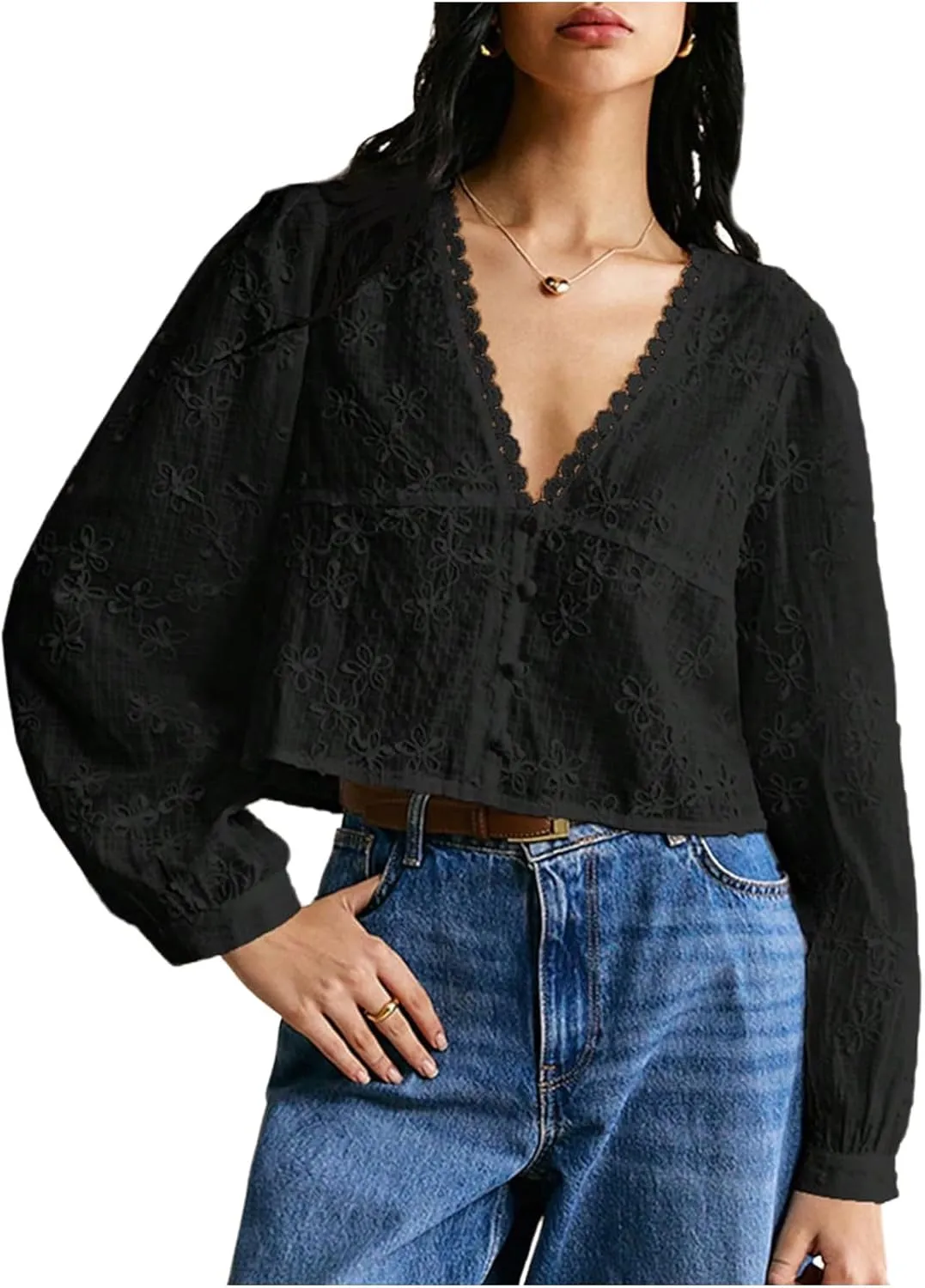 SHENHE Women's Floral Embroidered Long Sleeve Button Crop Blouse Sheer Dressy Top Shirt