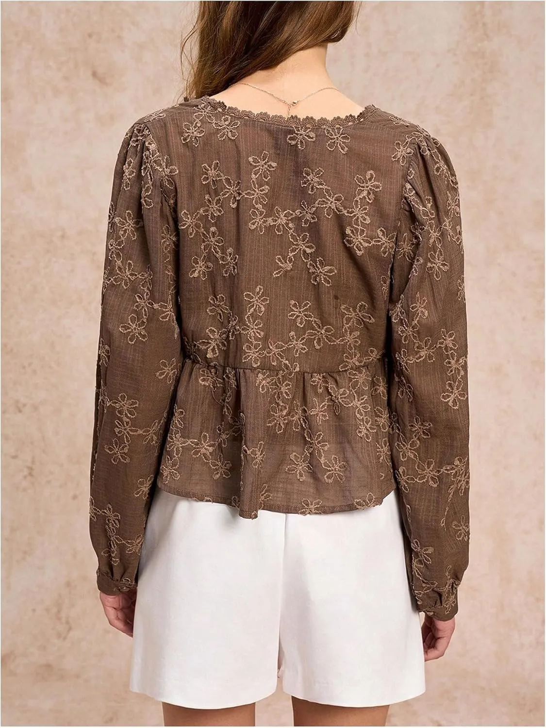 SHENHE Women's Floral Embroidered Long Sleeve Button Crop Blouse Sheer Dressy Top Shirt