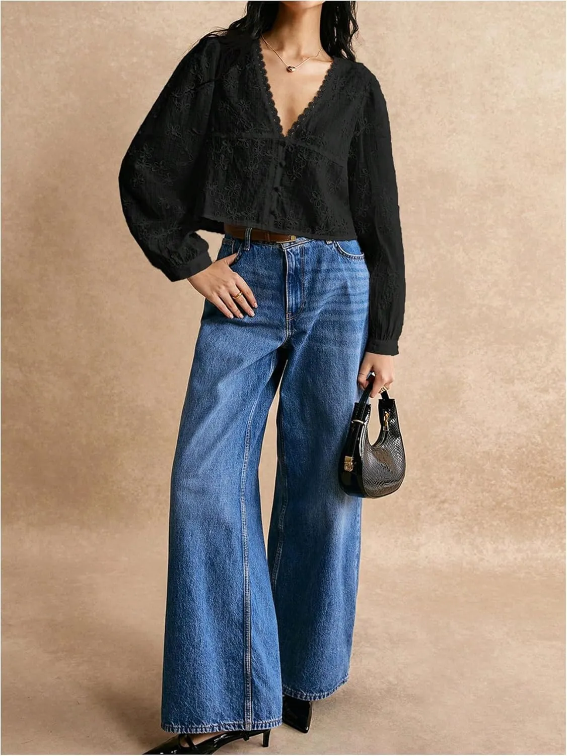 SHENHE Women's Floral Embroidered Long Sleeve Button Crop Blouse Sheer Dressy Top Shirt