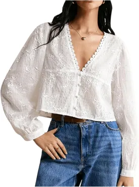 SHENHE Women's Floral Embroidered Long Sleeve Button Crop Blouse Sheer Dressy Top Shirt