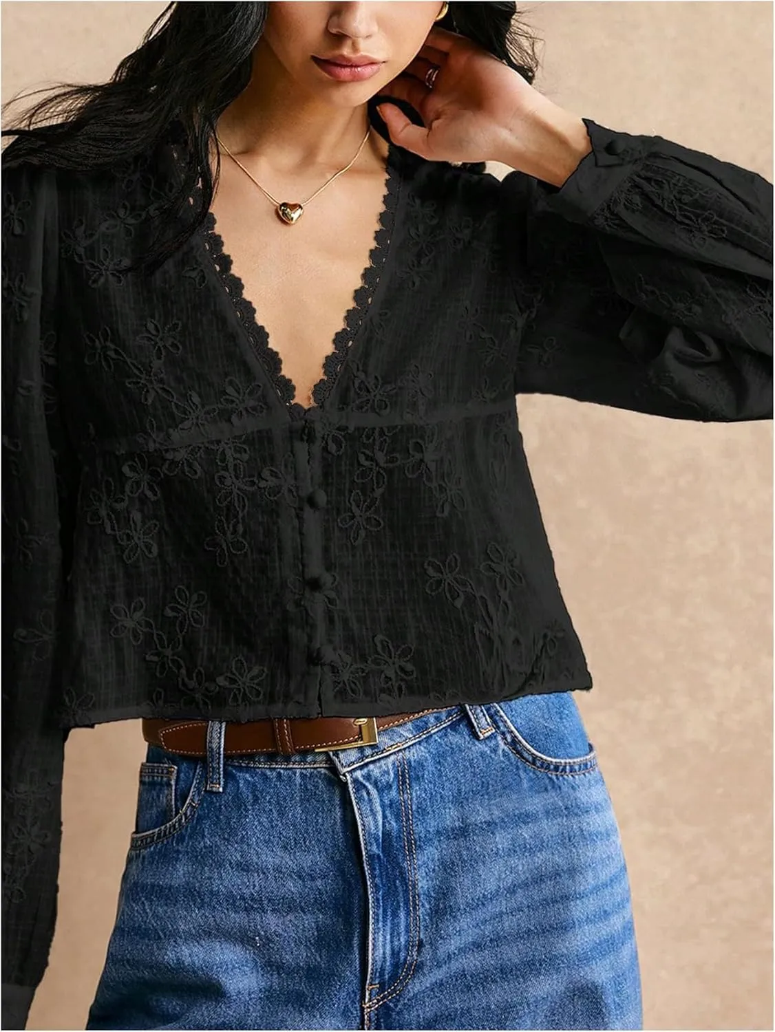 SHENHE Women's Floral Embroidered Long Sleeve Button Crop Blouse Sheer Dressy Top Shirt